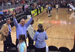 Photo Courtesy of USD Associated Students President James Harris celebrates USD's win over SDSU