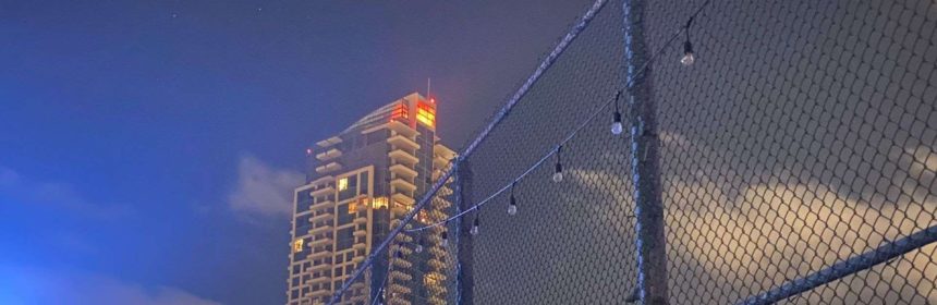 High-rise buildings on San Diego skyline at night