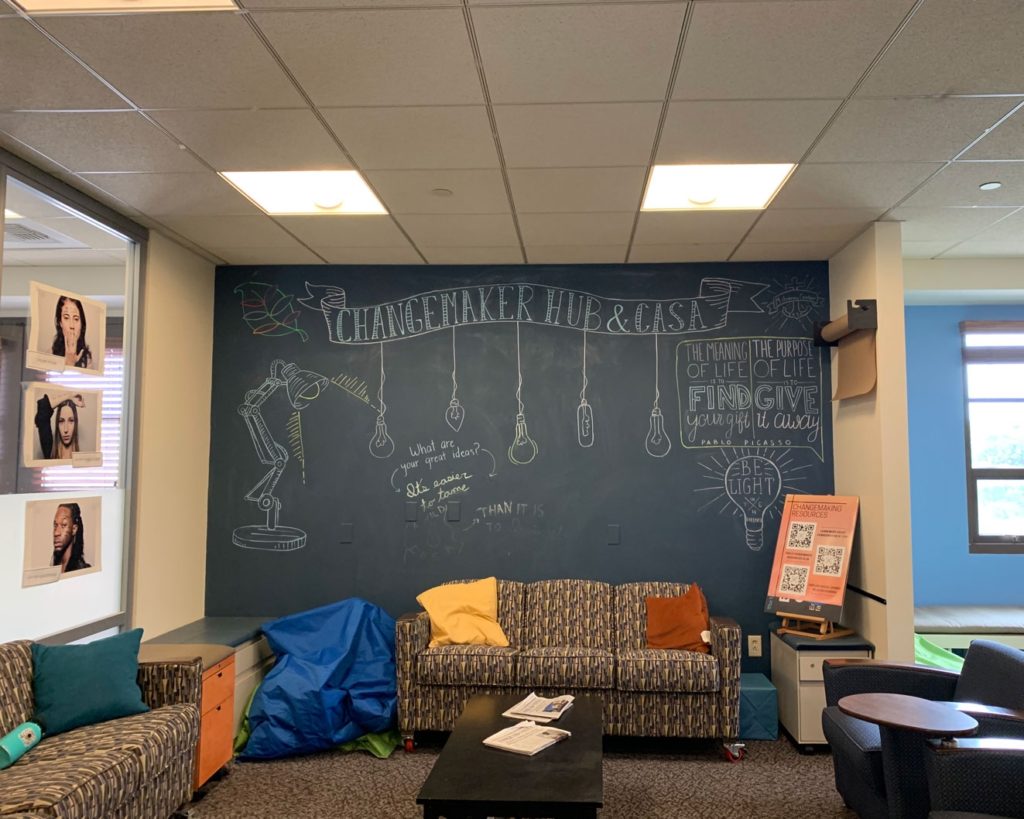 Interior of Changemaker Hub on campus, a club meeting room