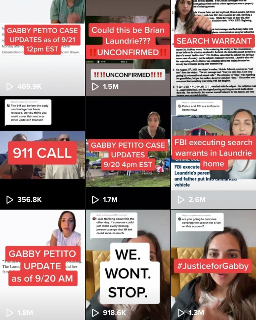 Phone screenshot of TikTok profile where all videos center around topic of the Gabby Petito case