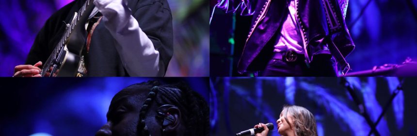 Collage of four photos from concert with blue lights