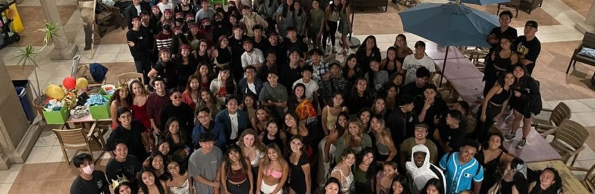 Overhead view of large group of students in indoor common area