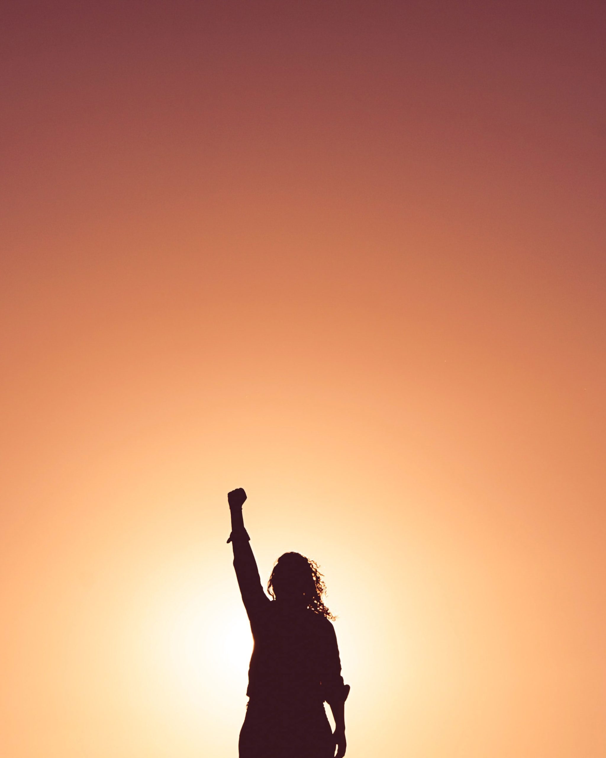 Silhouette of woman with fist in the air in front of orange colored sunset