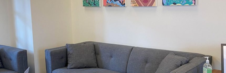 Black Student Union area with couches and posters