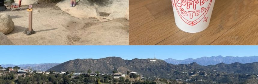 Photo collage of landscapes and cup of coffee