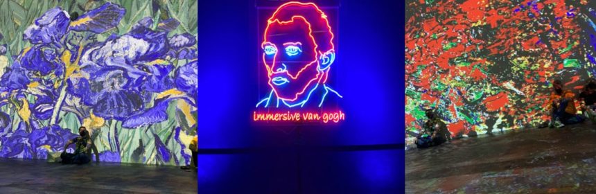 Collage of three photos of colorful light projections on walls in art exhibit