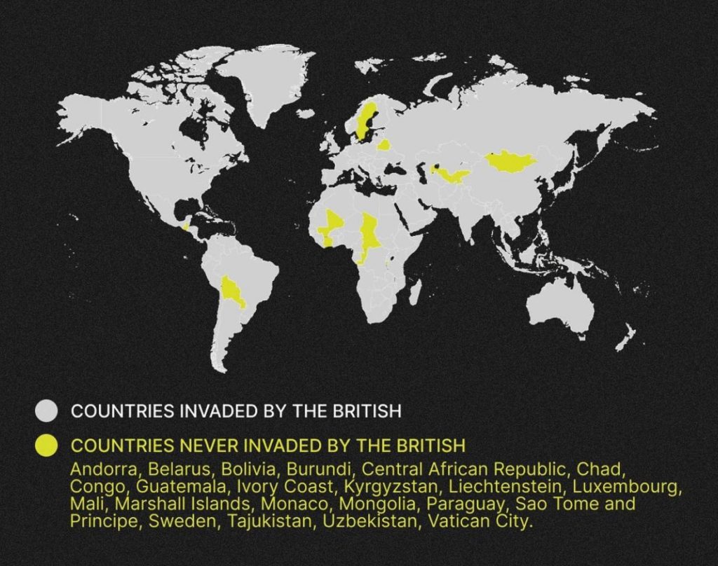 map highlighting the countries that have been invaded by the image and have not been invaded by the british