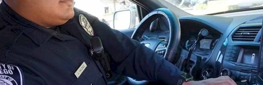 police officer in car typing on computer